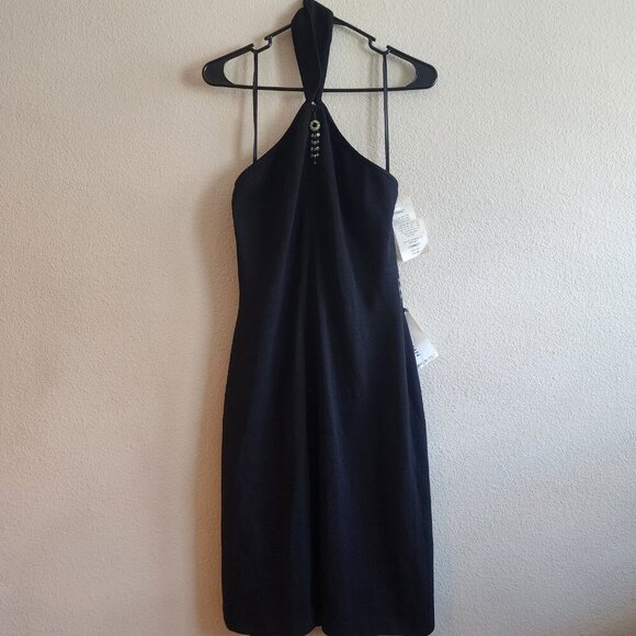 St John Evening Dress Womens 6 Black Halter Beaded Detail Wool Blend Made USA - Picture 1 of 16